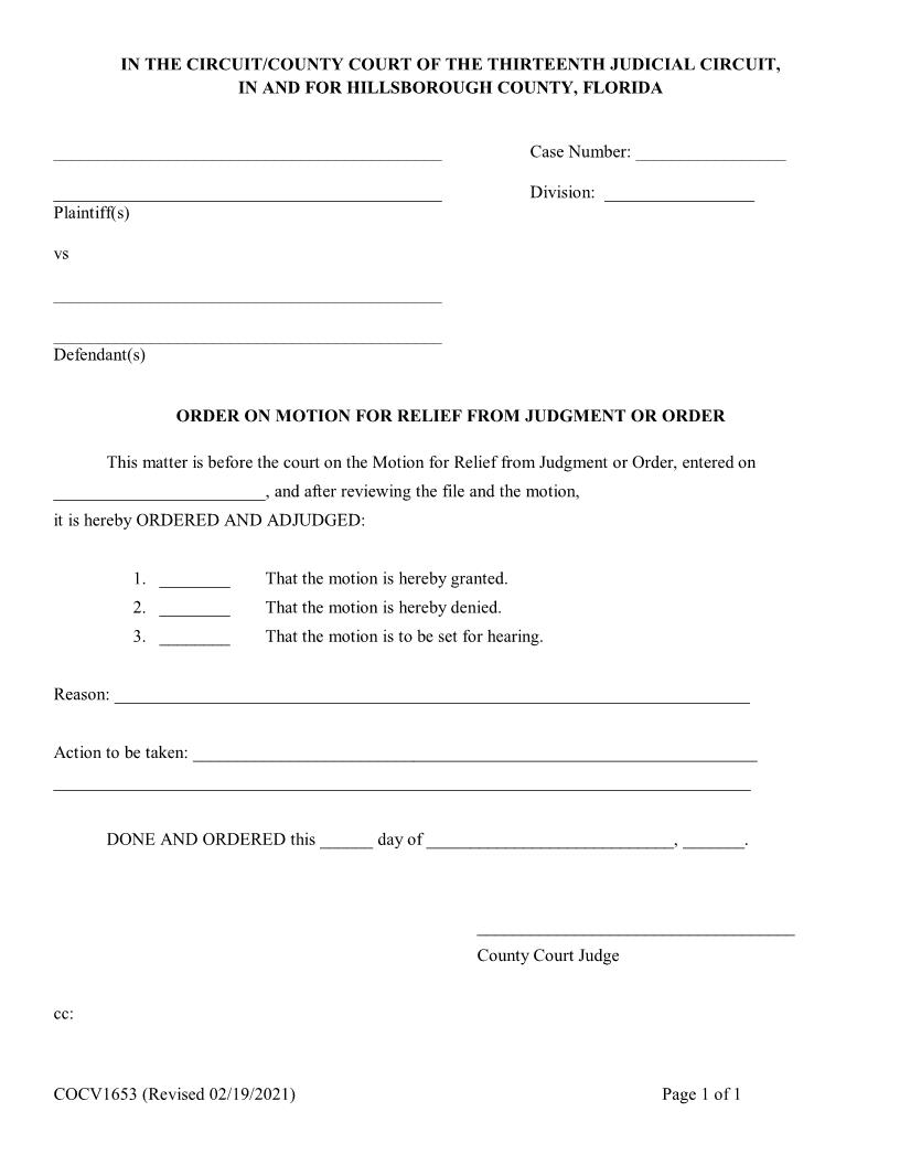 Order On Motion For Relief From Judgment Or Order {COCV1653} | Pdf Fpdf Doc Docx | Florida