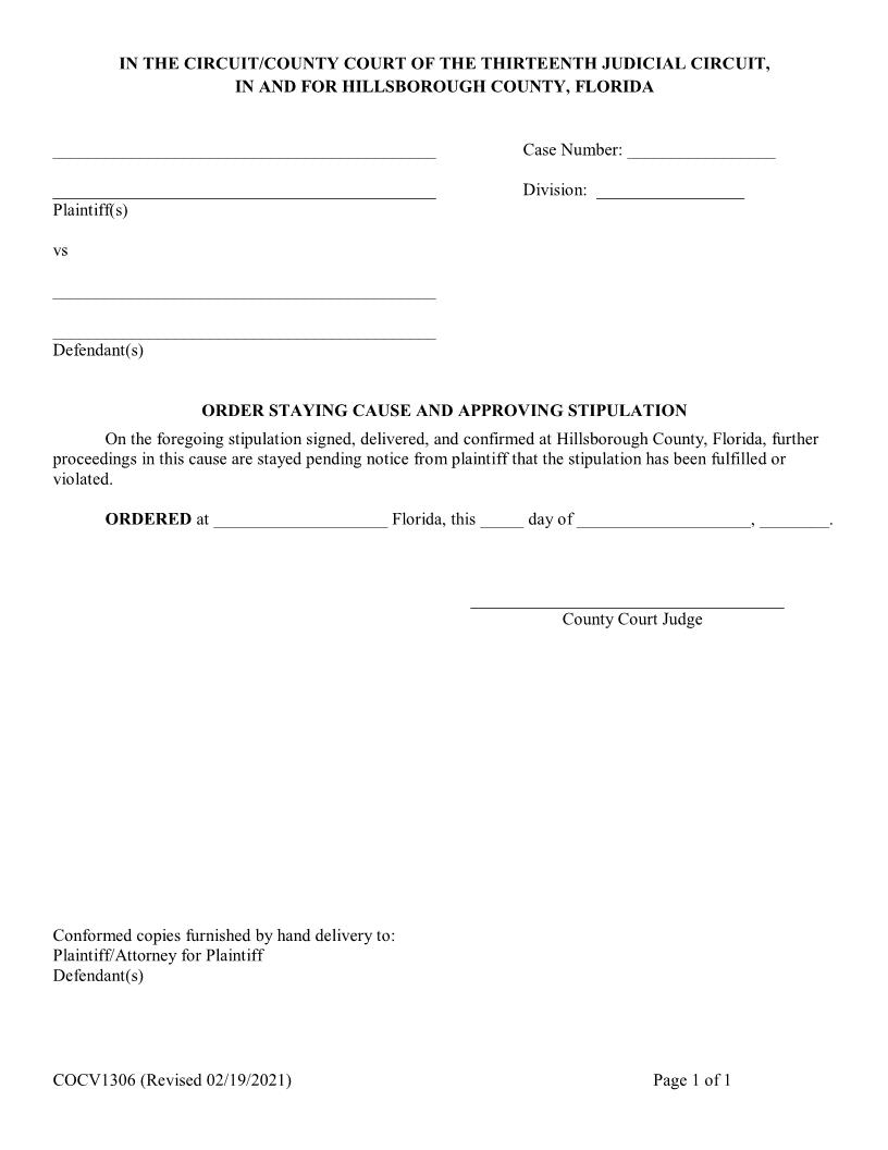 Order Staying Cause And Approving Stipulation {COCV1306} | Pdf Fpdf Doc Docx | Florida