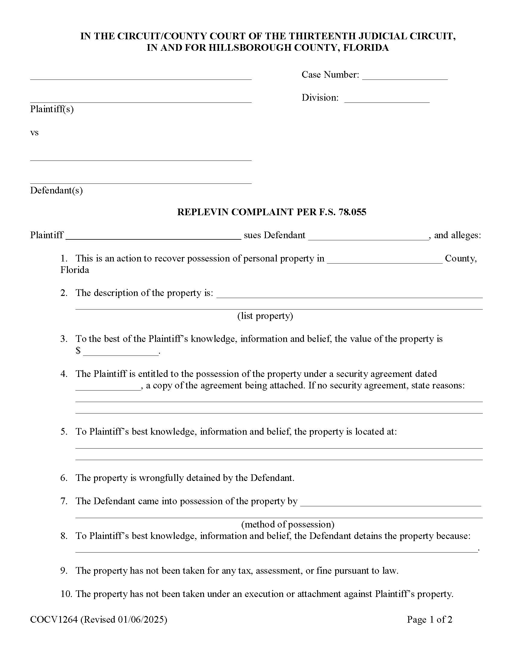 Replevin Complaint Per FS 78.055 {COCV1264} | Pdf Fpdf Doc Docx | Florida