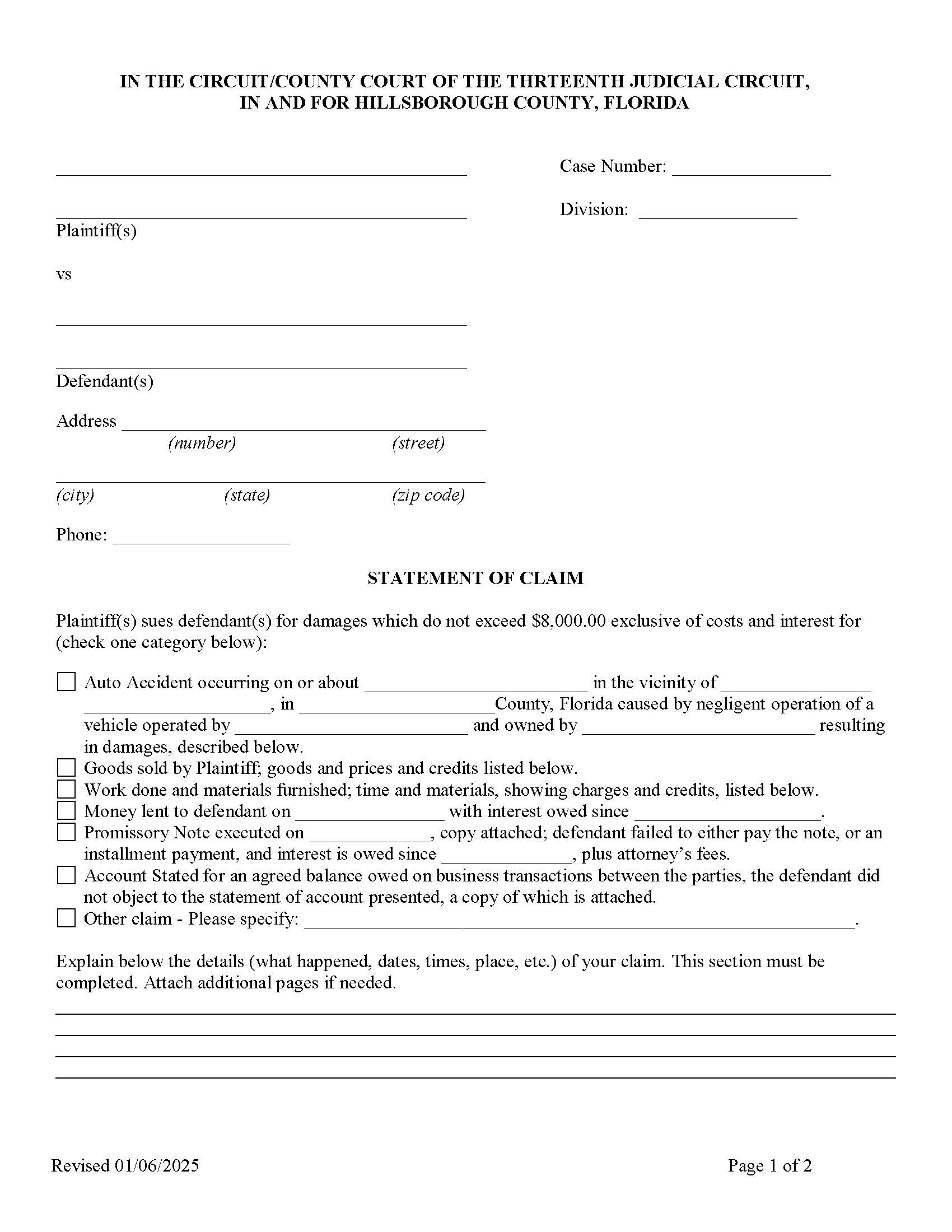 Statement Of Claim | Pdf Fpdf Doc Docx | Florida