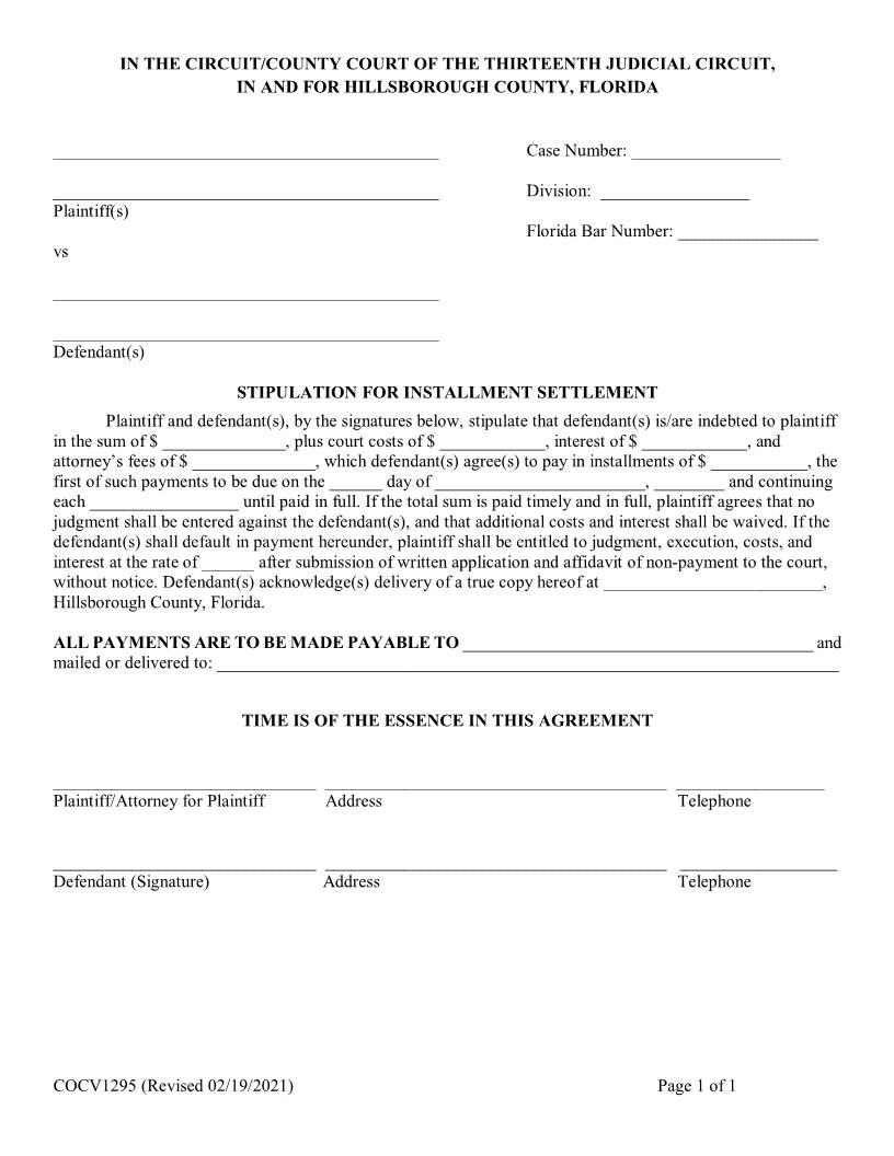 Stipulation For Installment Settlement {COCV1295} | Pdf Fpdf Doc Docx | Florida