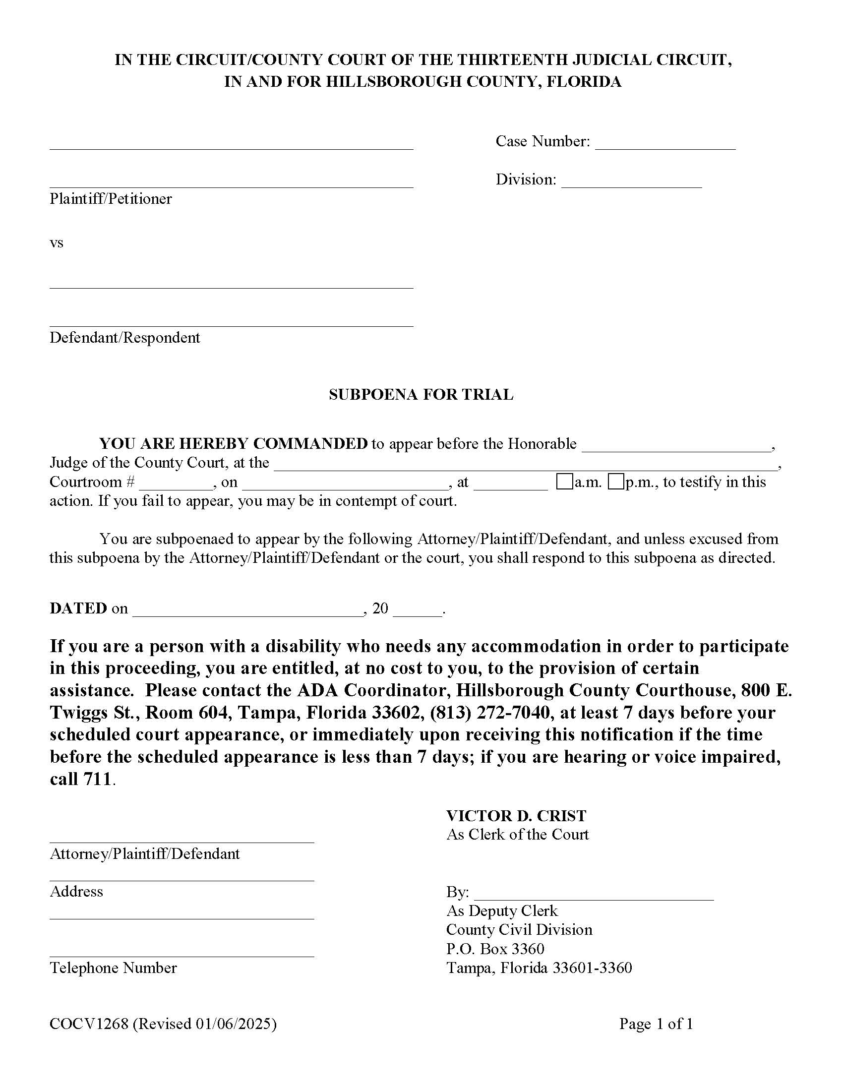 Subpoena For Trial (County Civil) {COCV1268} | Pdf Fpdf Docx | Florida