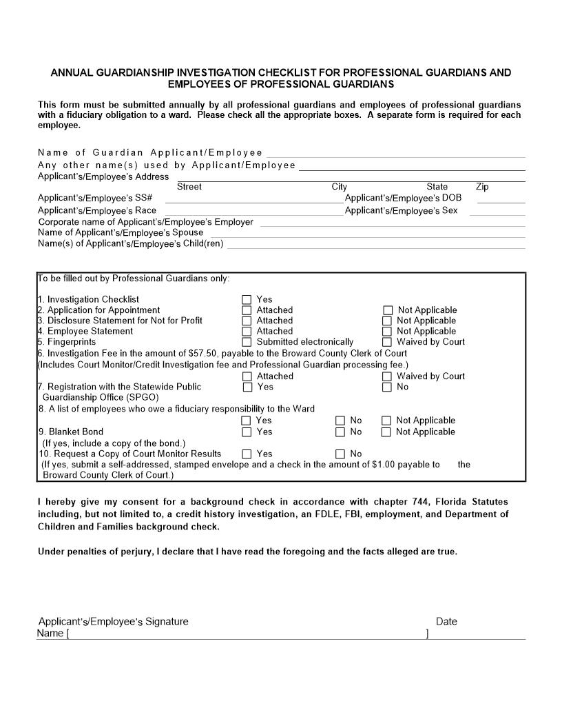 Annual Guardianship Investigation Checklist For Professional Guardians-Employees Of Guardians | Pdf Fpdf Docx | Florida