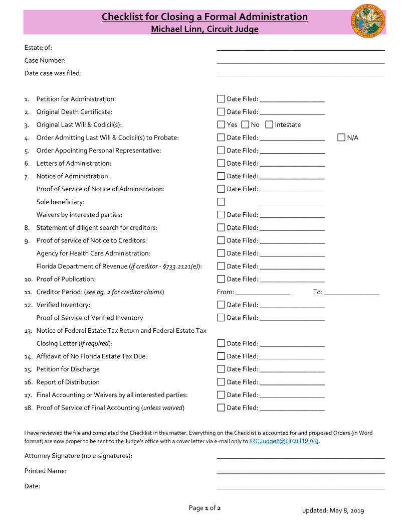 Checklist For Closing A Formal Administration (Judge Linn) | Pdf Fpdf Docx | Florida