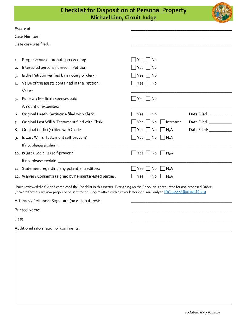 Checklist For Disposition Of Personal Property (Judge Linn) | Pdf Fpdf Docx | Florida