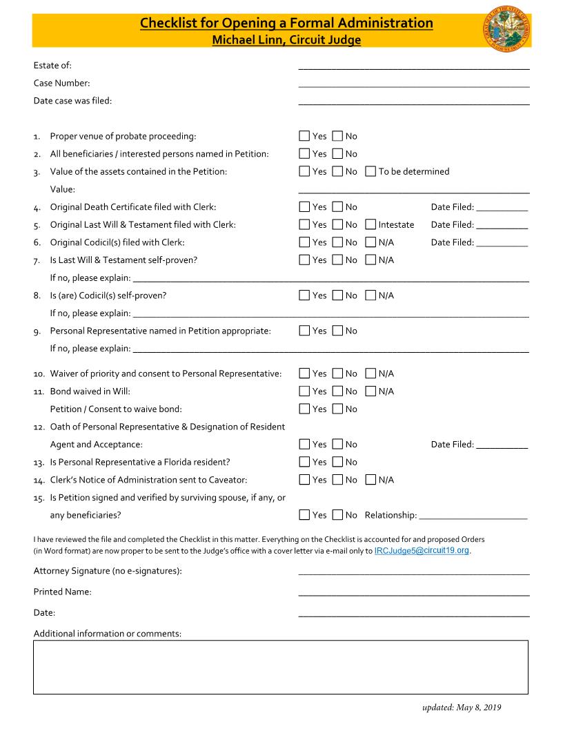 Checklist For Opening A Formal Administration (Judge Linn) | Pdf Fpdf Docx | Florida