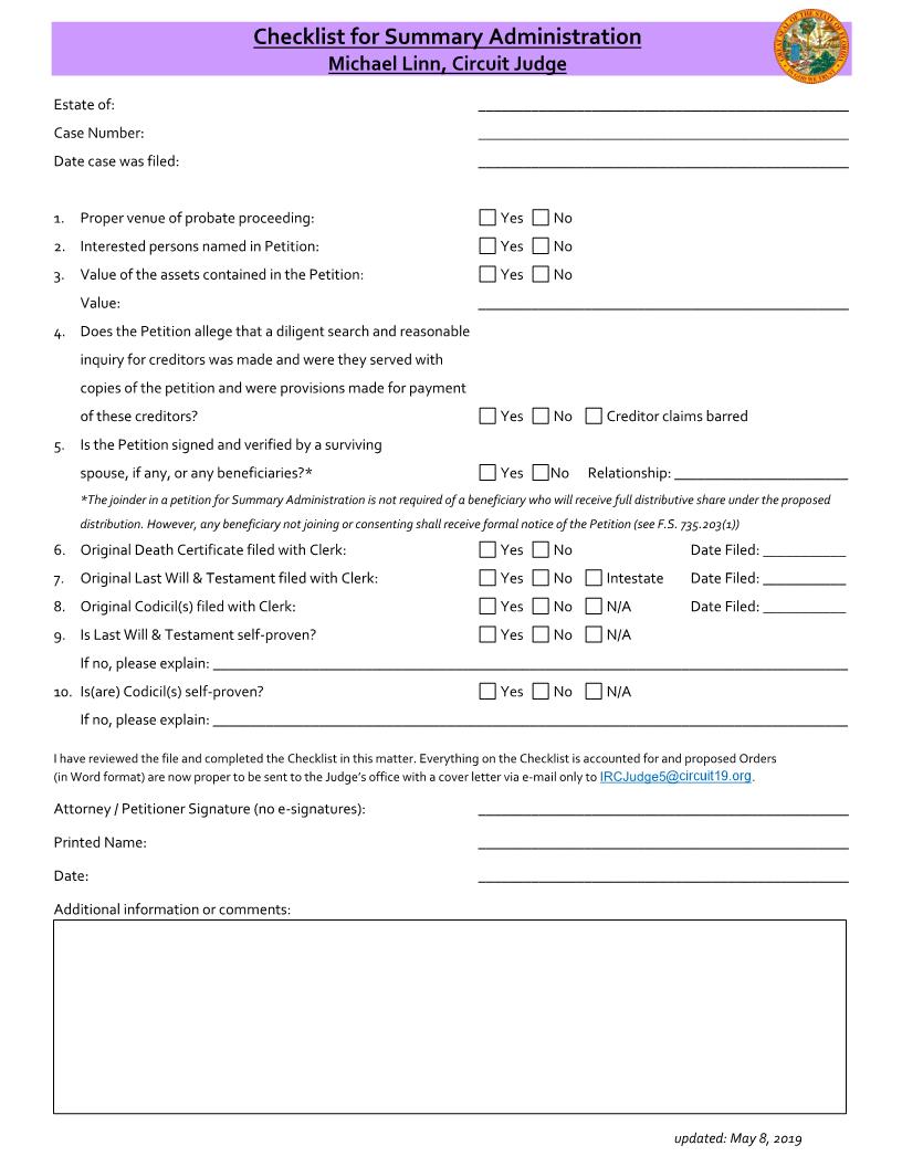 Checklist For Summary Administration (Judge Linn) | Pdf Fpdf Docx | Florida