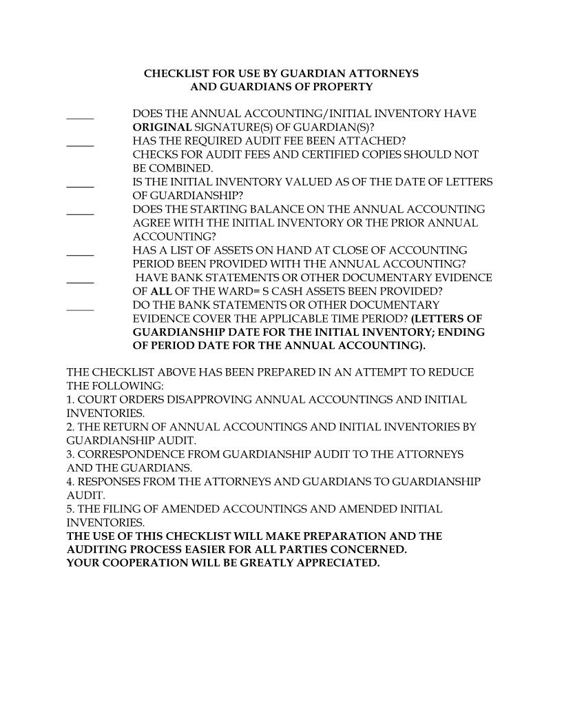 Checklist For Use By Guardian Attorneys Guardians Of Property (Annual) | Pdf Fpdf Docx | Florida