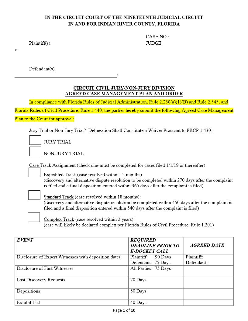 Circuit Civil Jury-Non-Jury Agreed Case Management Plan Order {InRiv CCACMPO} | Pdf Fpdf Docx | Florida