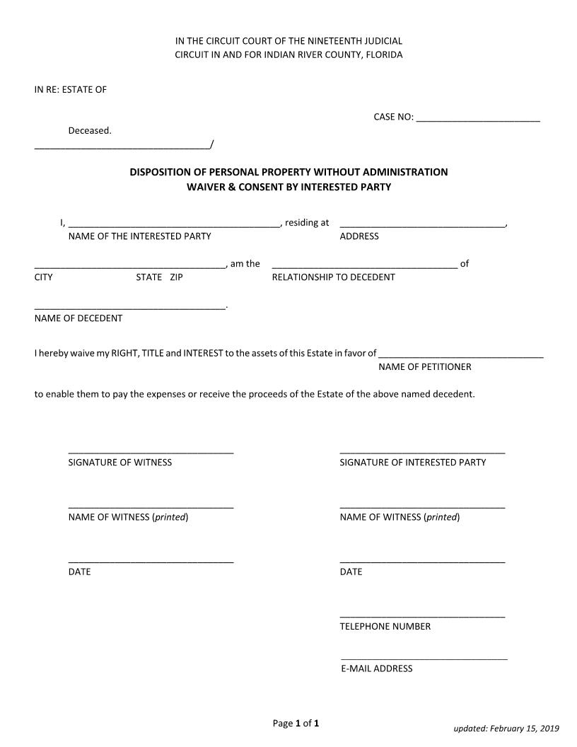 Disposition Of Personal Property WIthout Adminstration Waiver Consent Interested Party | Pdf Fpdf Docx | Florida