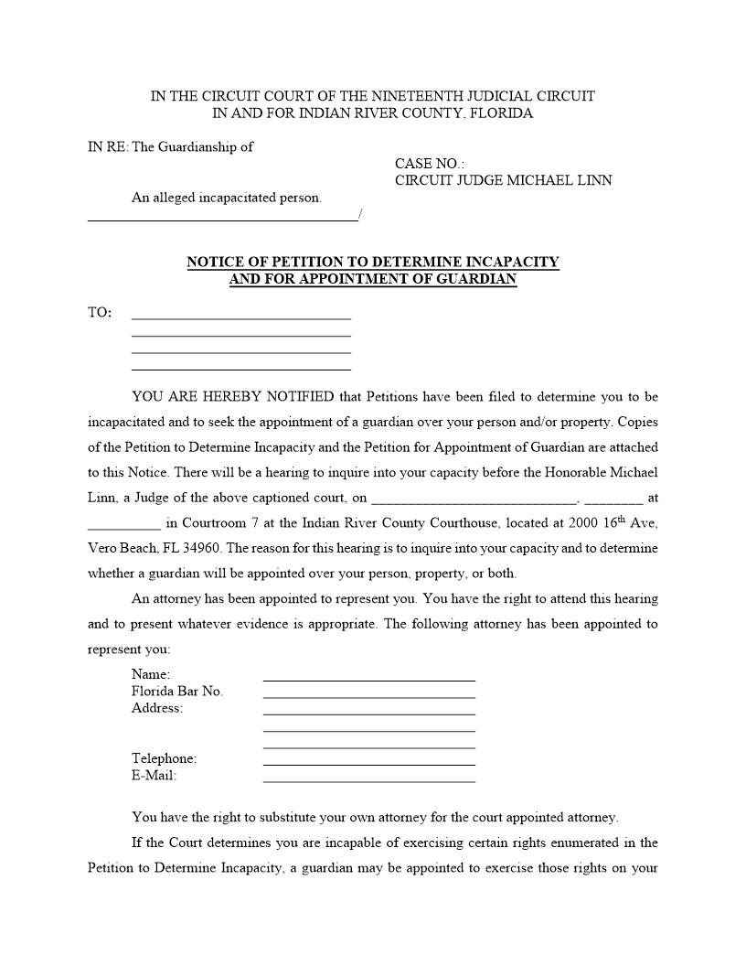 Notice Of Petition To Determine Incapacity Appointment Of Guardian (Judge Linn) | Pdf Fpdf Docx | Florida