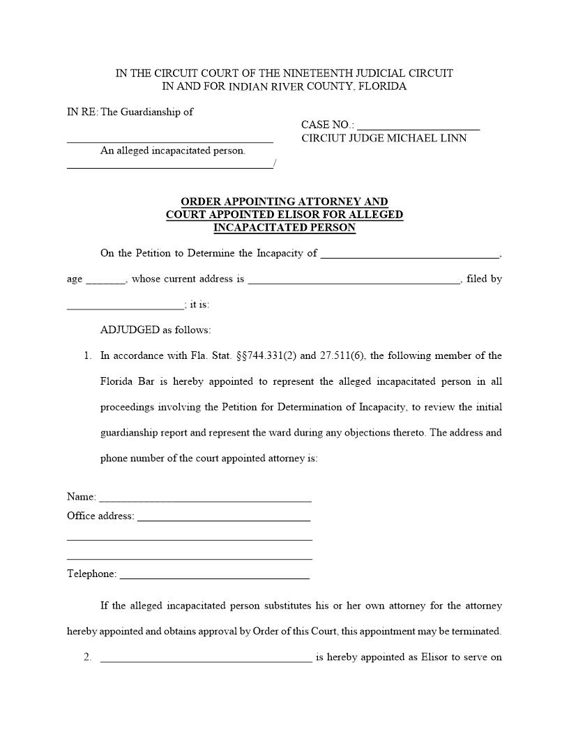 Order Appointing Attorney And Elisor For Alleged Incapacitated Person (Judge Linn) | Pdf Fpdf Docx | Florida
