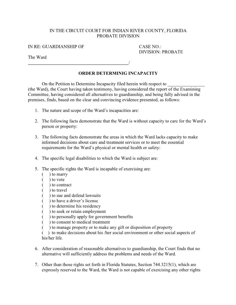 Order Determining Incapacity | Pdf Fpdf Docx | Florida