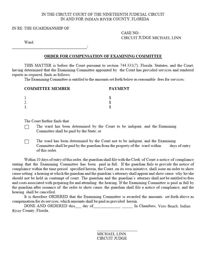 Order For Compensation Of Examining Committee (Judge Linn) | Pdf Fpdf Docx | Florida