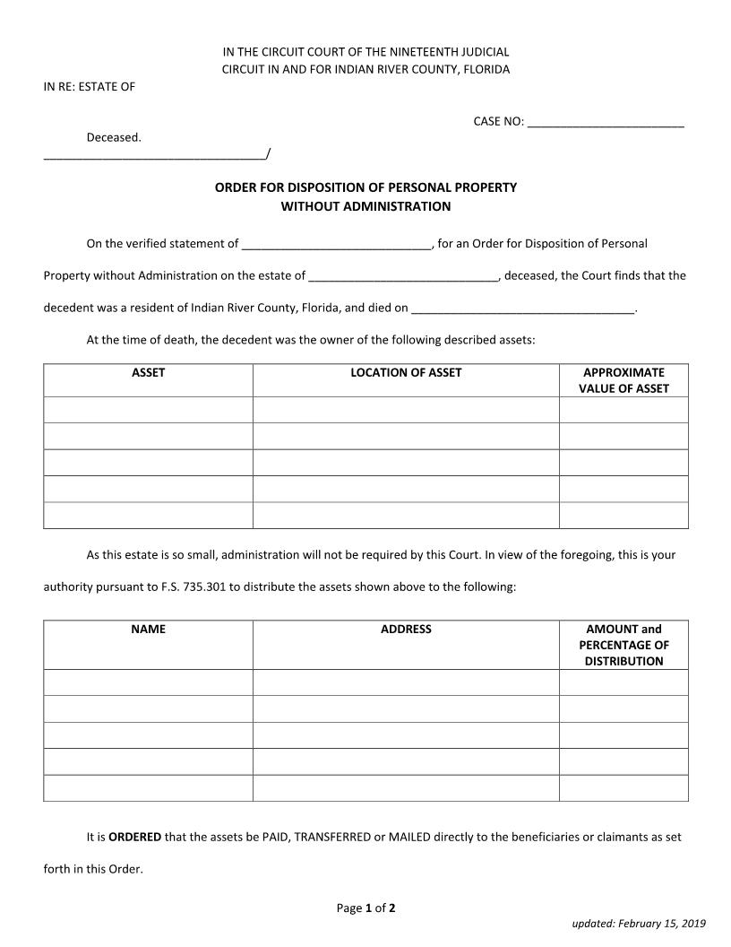 Order For Disposition Of Personal Property WIthout Adminstration | Pdf Fpdf Docx | Florida
