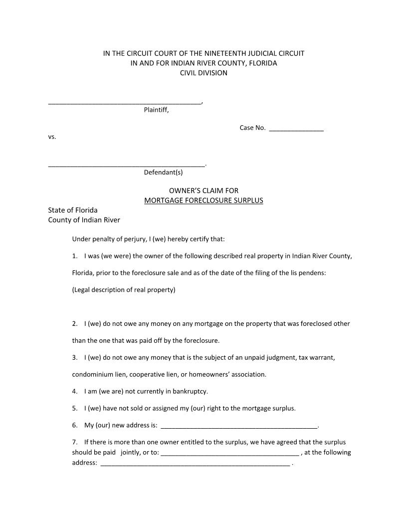 Owners Claim For Mortgage Foreclosure Surplus | Pdf Fpdf Docx | Florida