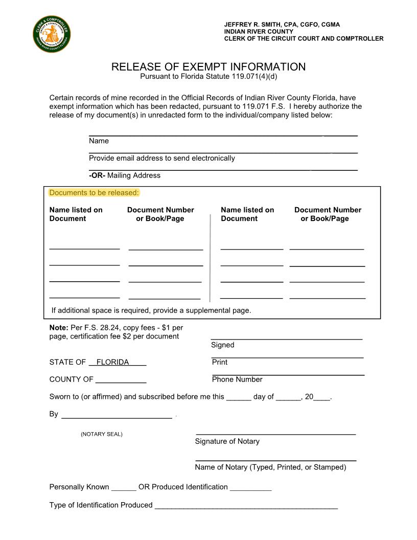 Release Of Exempt Information | Pdf Fpdf Docx | Florida