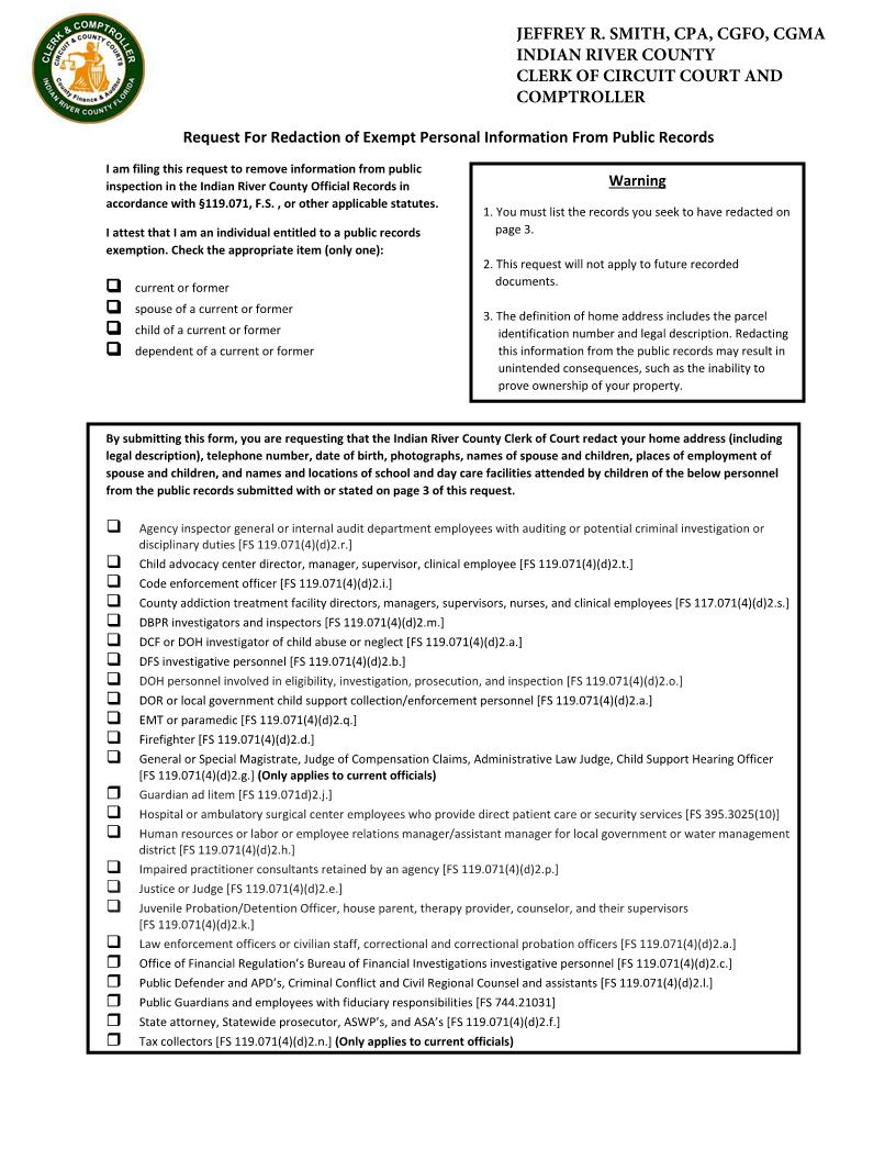 Request For Redaction Of Exempt Personal Information From Public Records | Pdf Fpdf Docx | Florida
