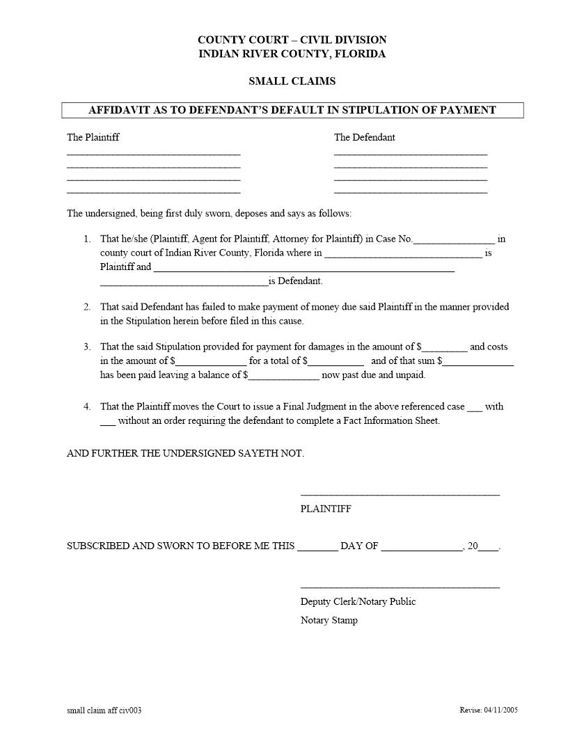 Small Claims Affidavit As To Defendants Default In Stipulation Of Payment | Pdf Fpdf Docx | Florida