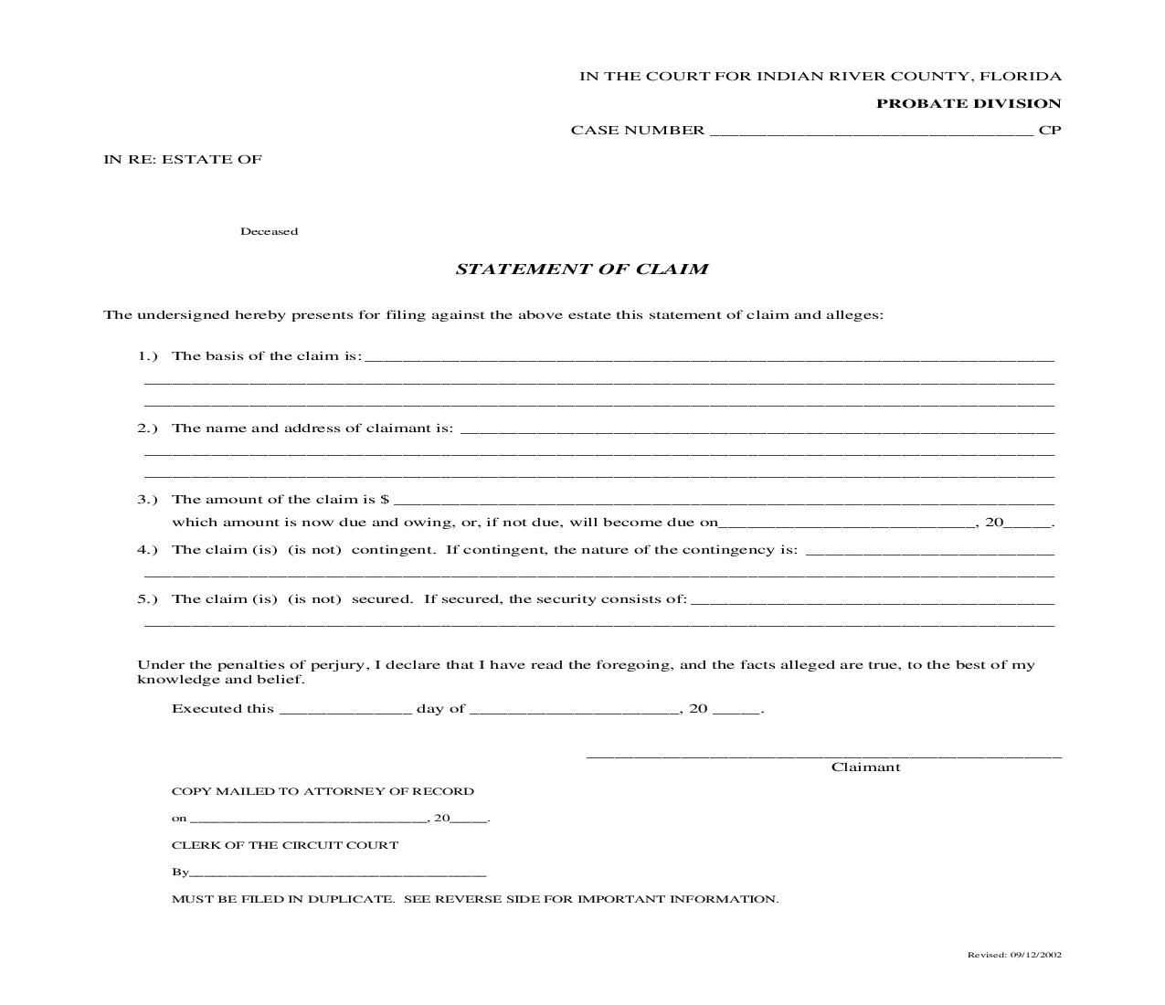 Statement Of Claim (Probate Division) | Pdf Fpdf Doc Docx | Florida
