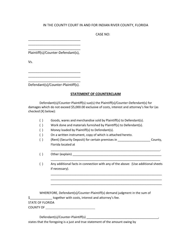 Statement Of Counterclaim (Small Claims) | Pdf Fpdf Docx | Florida