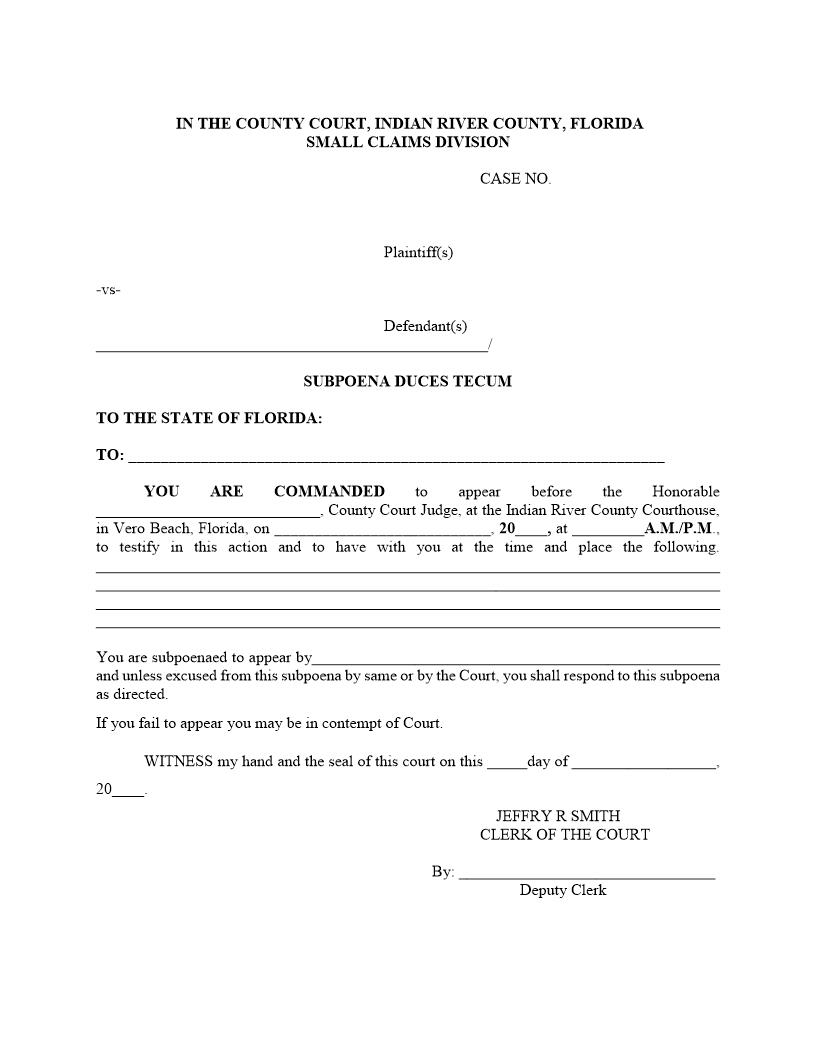 Subpoena Duces Tecum (Small Claims) | Pdf Fpdf Docx | Florida