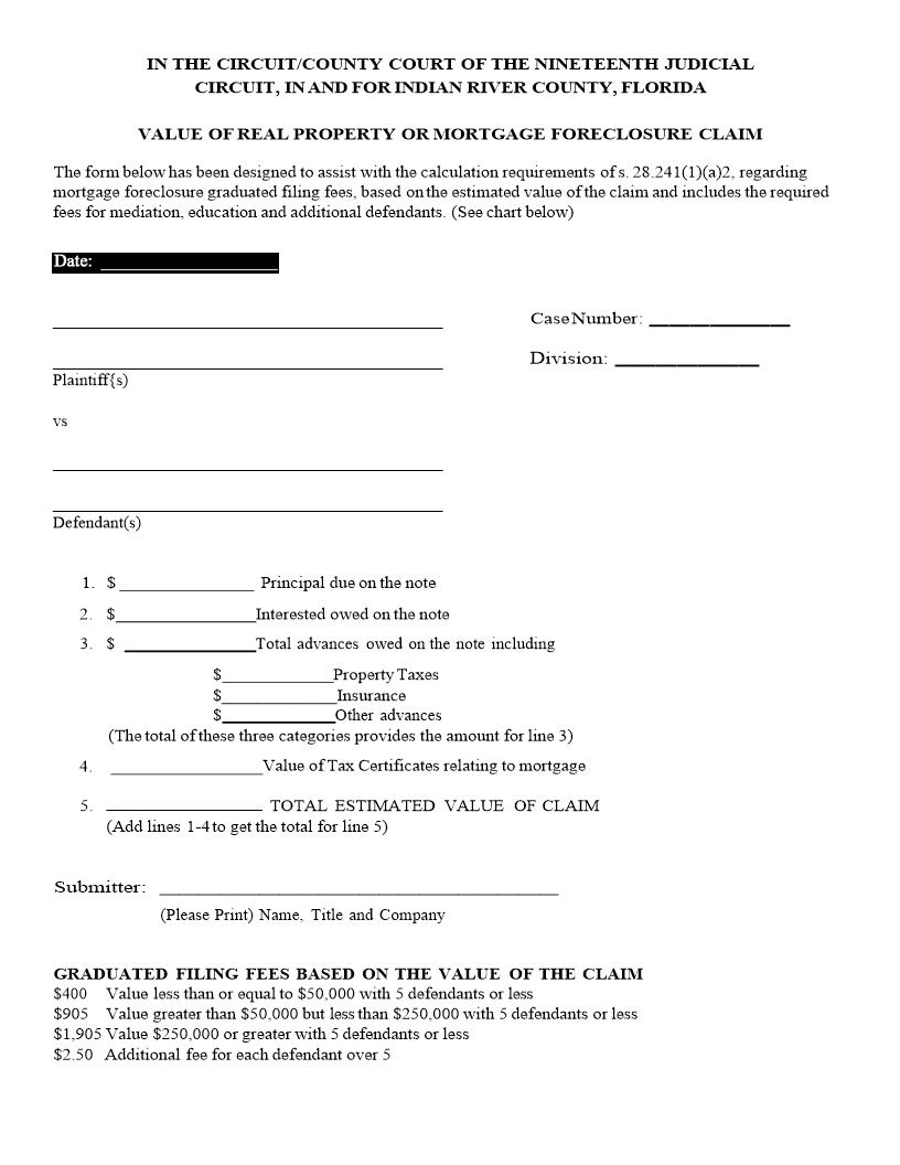 Value Of Real Property Or Mortgage Foreclosure Claim | Pdf Fpdf Docx | Florida