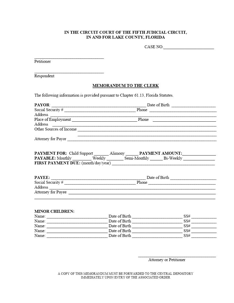 Memorandum To The Clerk (Child Support Order) | Pdf Fpdf Docx | Florida