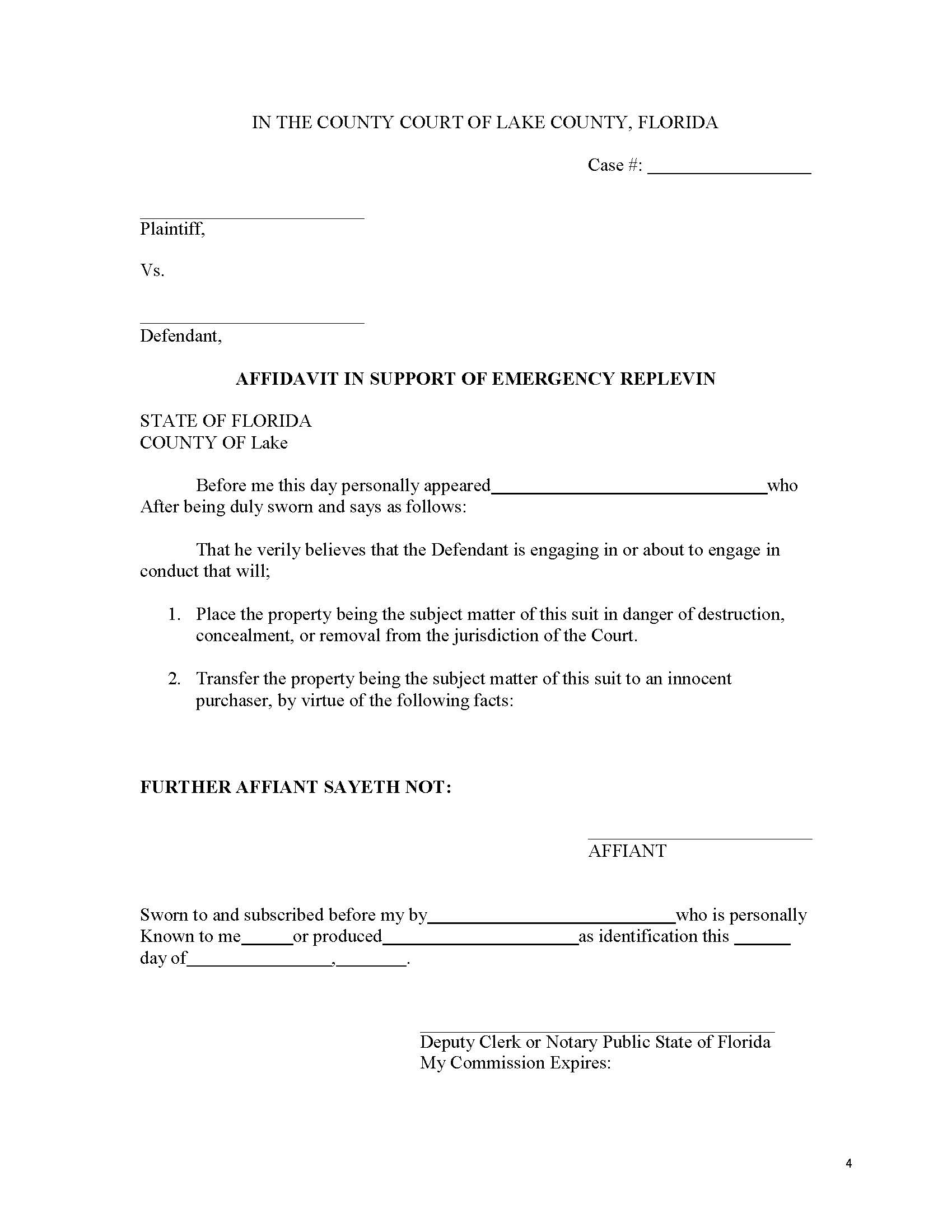 Affidavit In Support Of Emergency Replevin | Pdf Fpdf Docx | Florida