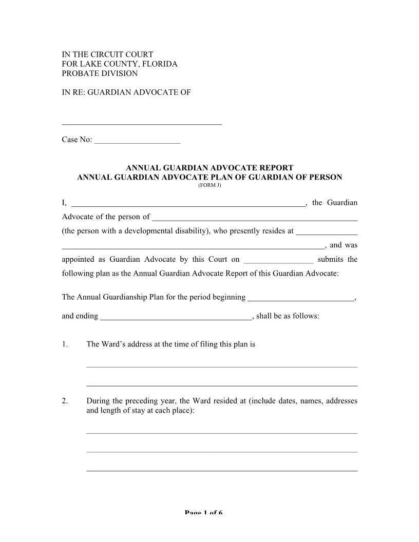 Annual Guardian Advocate Report Annual Plan Of Guardian Of Person {Form J} | Pdf Fpdf Docx | Florida