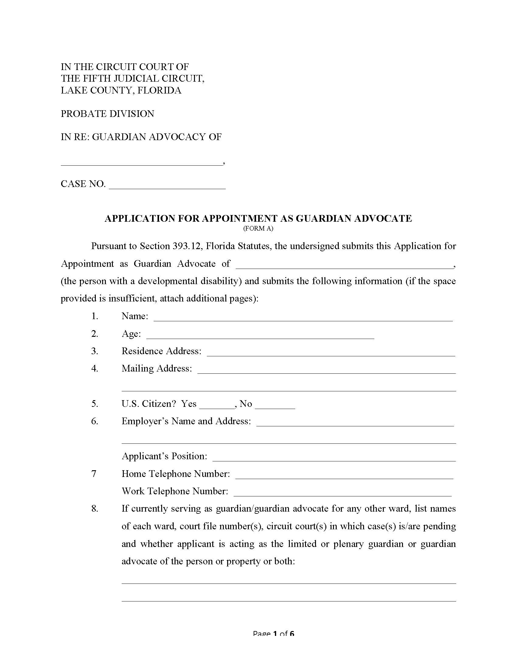 Application For Appointment As Guardian Advocate {Form A} | Pdf Fpdf Docx | Florida