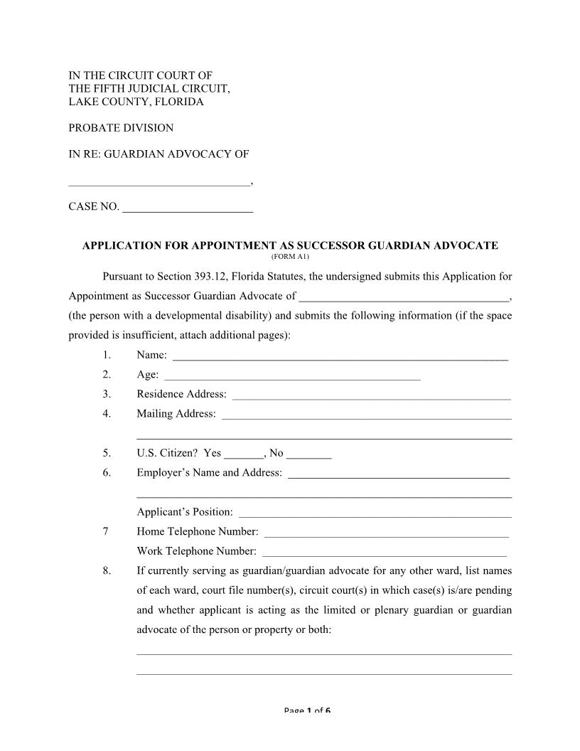 Application For Appointment As Successor Guardian Advocate {Form A1} | Pdf Fpdf Docx | Florida