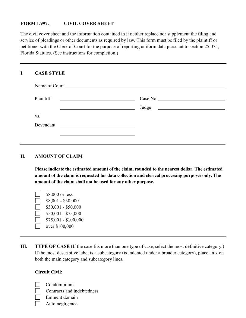 Civil Cover Sheet {1.997} | Pdf Fpdf Docx | Florida