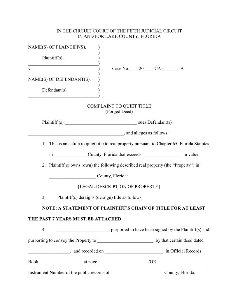 Complaint To Quiet Title (Forged Deed) {LAK CQTFD} | Pdf Fpdf Docx | Florida