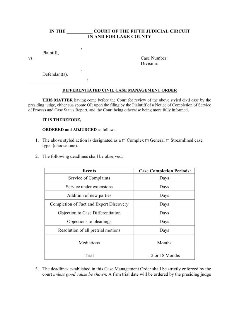 Differentiated Civil Case Management Order (Lake) | Pdf Fpdf Docx | Florida