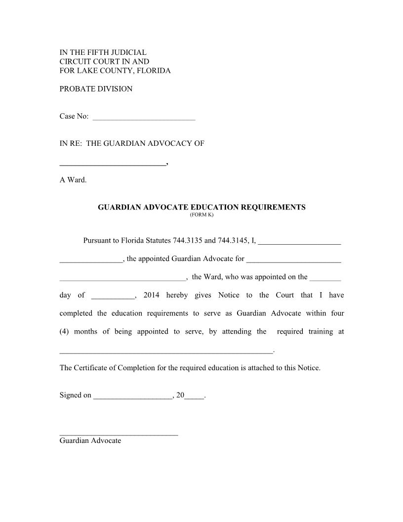 Guardian Advocate Education Requirements {Form K} | Pdf Fpdf Docx | Florida