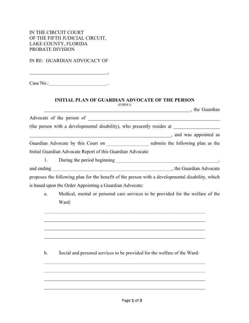 Initial Plan Of Guardian Advocate Of The Person {Form I} | Pdf Fpdf Docx | Florida