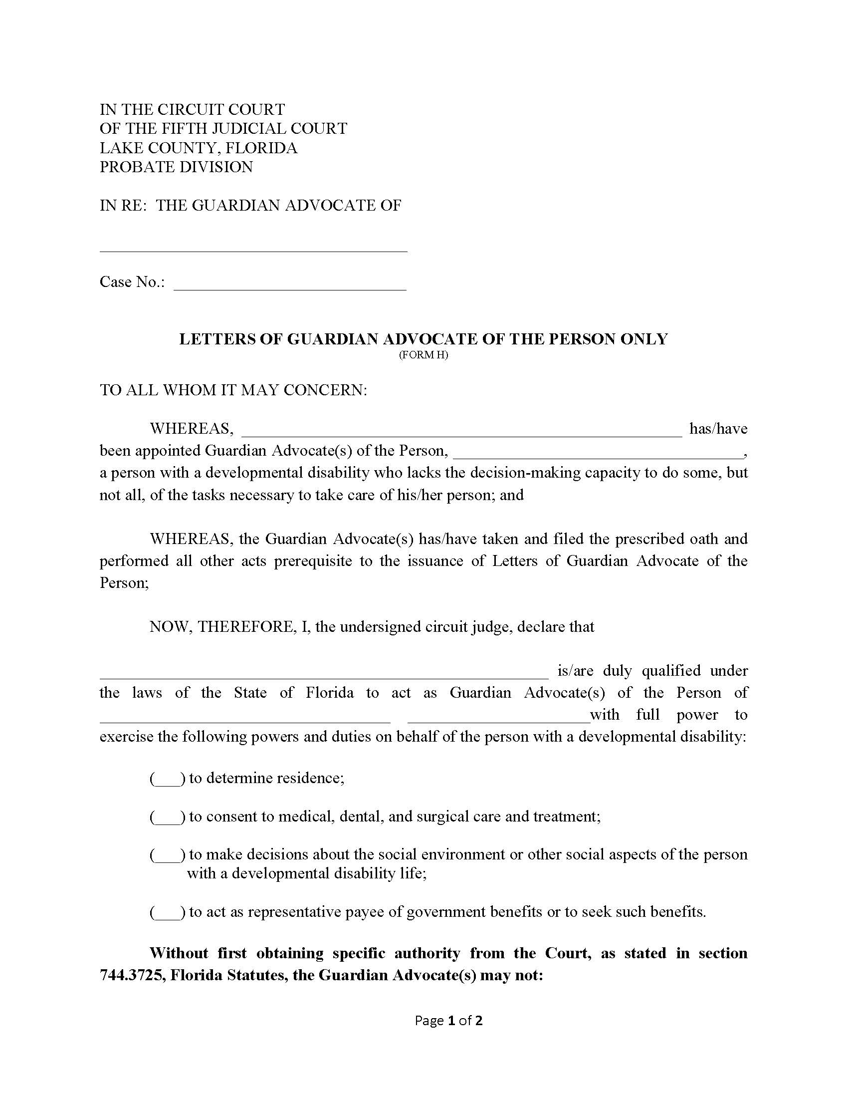 Letters Of Guardian Advocate Of The Person Only {Form H} | Pdf Fpdf Docx | Florida
