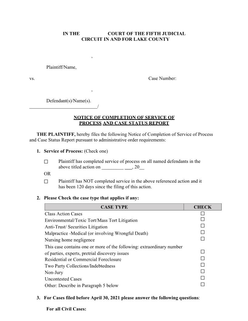 Notice Of Completion Of Service And Case Status Report (Lake) | Pdf Fpdf Docx | Florida