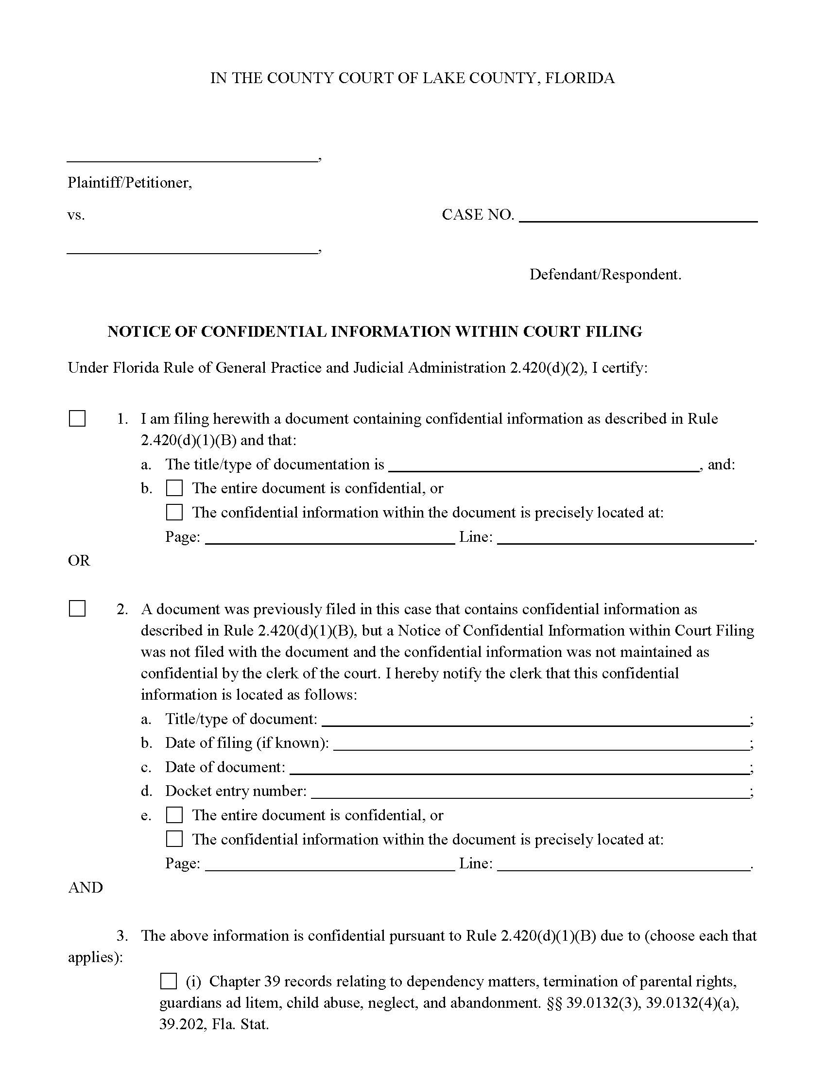 Notice Of Confidential Information Court Filing (County Court) | Pdf Fpdf Docx | Florida