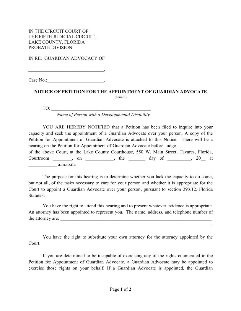 Notice Of Petition For The Appointment Of Guardian Advocate {Form B} | Pdf Fpdf Docx | Florida