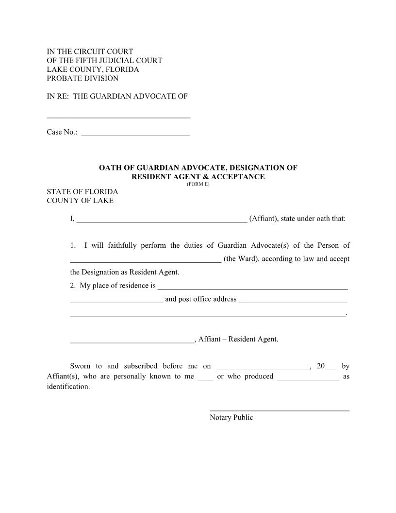 Oath Of Guardian Advocate Designation Of Resident Agent And Acceptance {Form E} | Pdf Fpdf Docx | Florida
