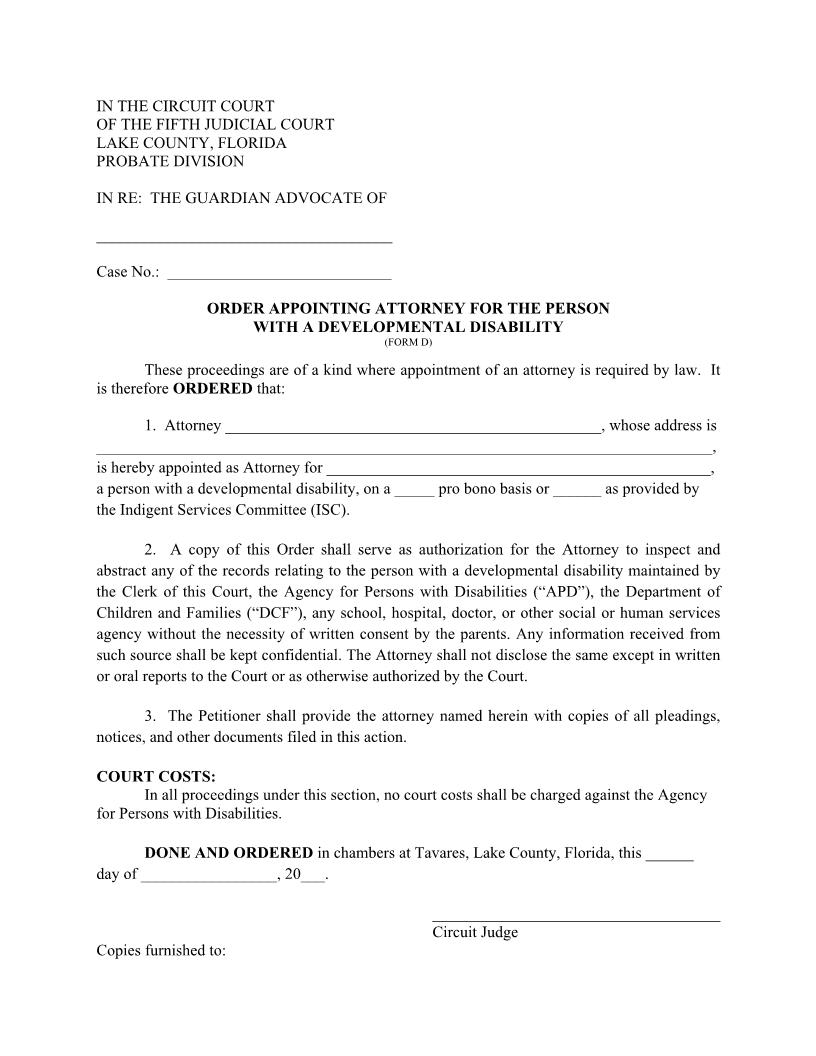 Order Appointing Attorney For The Person With A Developmental Disability {Form D} | Pdf Fpdf Docx | Florida