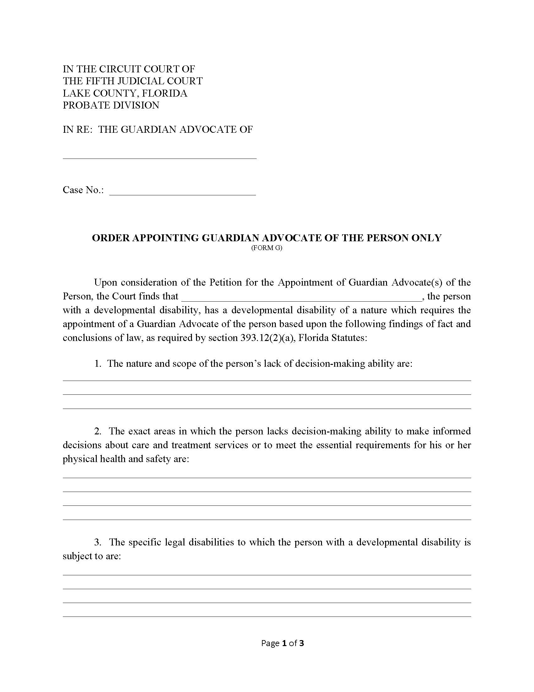 Order Appointing Guardian Advocate Of The Person Only {Form G} | Pdf Fpdf Docx | Florida