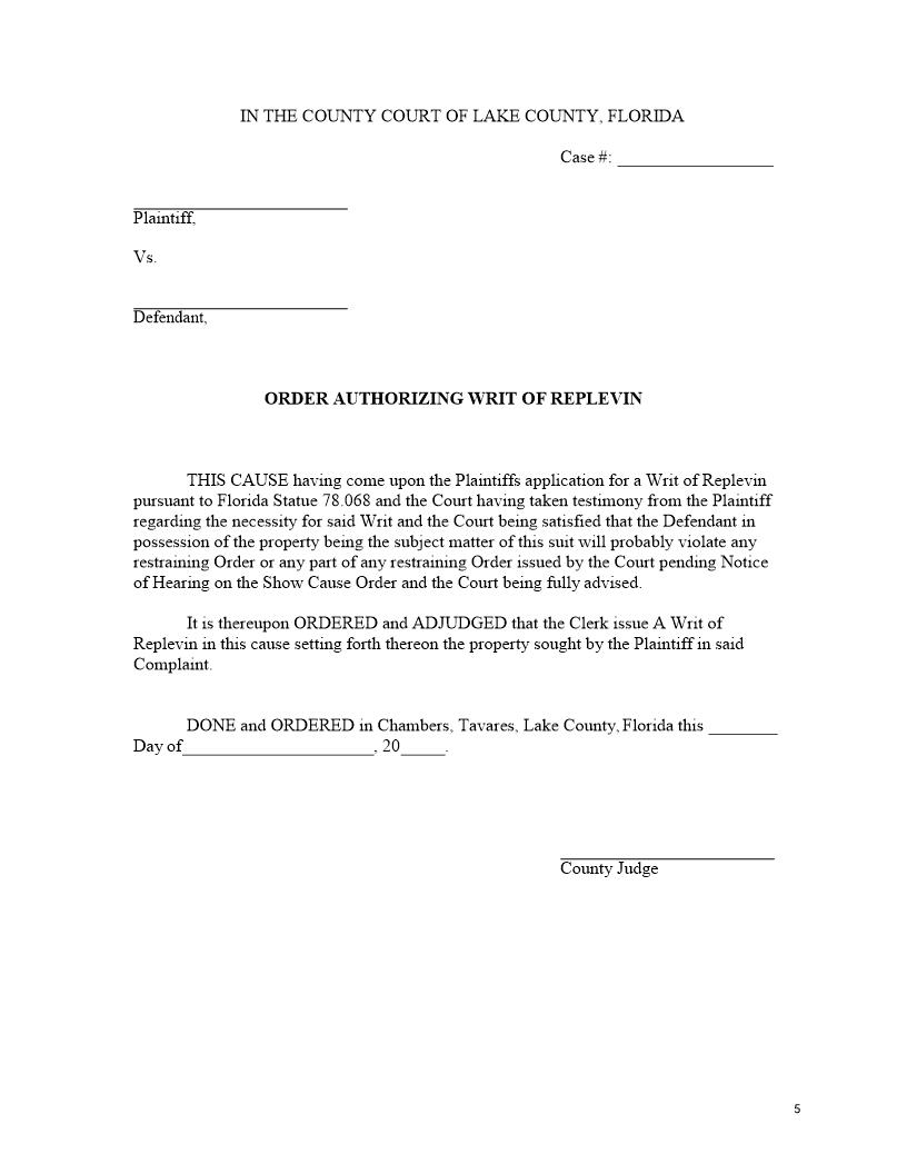 Order Authorizing Writ Of Replevin | Pdf Fpdf Docx | Florida