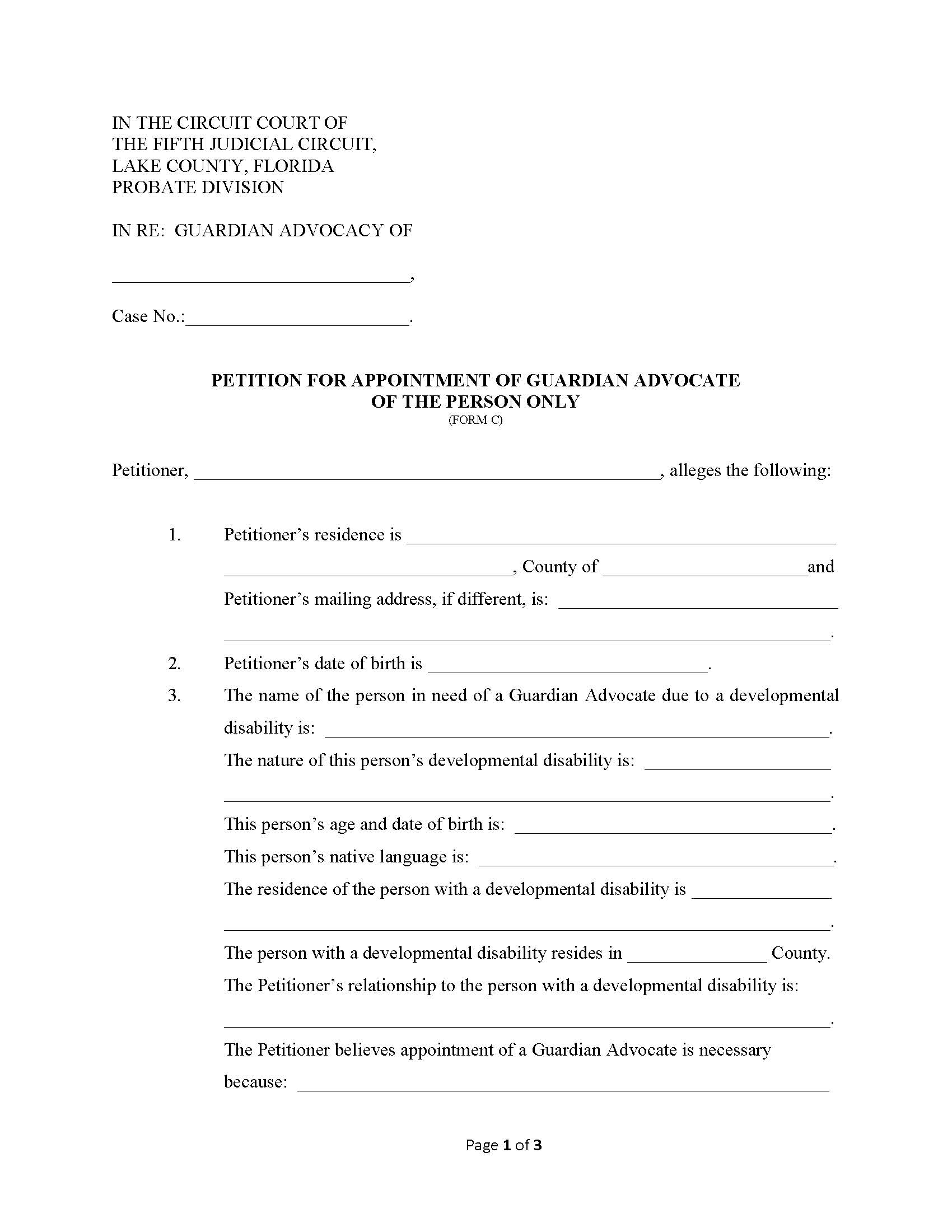 Petition For Appointment Of Guardian Advocate Of The Person Only {Form C} | Pdf Fpdf Docx | Florida
