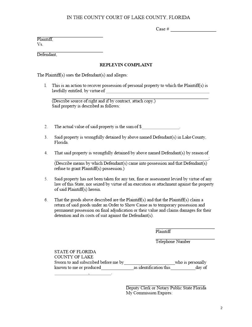 Replevin Complaint | Pdf Fpdf Docx | Florida