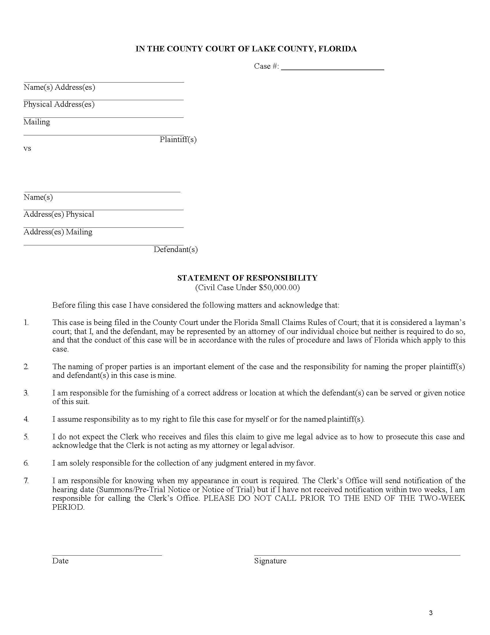 Statement Of Responsibility (Civil Case Under 50000) | Pdf Fpdf Docx | Florida