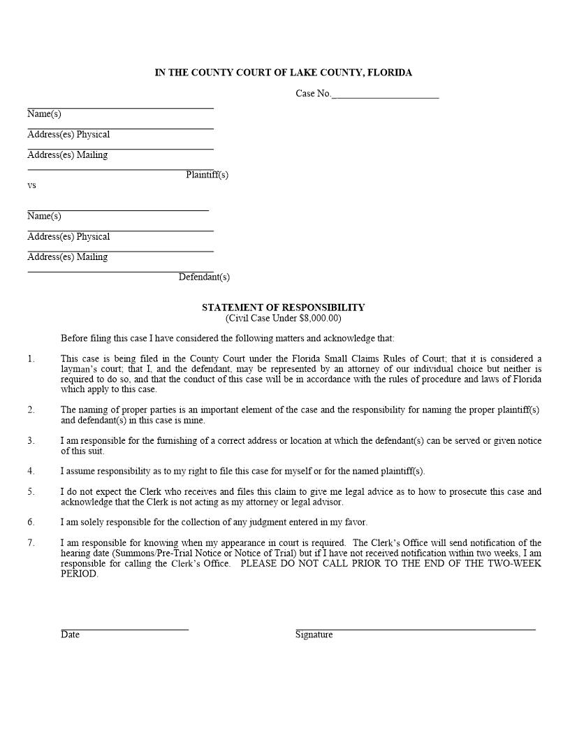 Statement Of Responsibility (Civil Case Under 8000) | Pdf Fpdf Docx | Florida