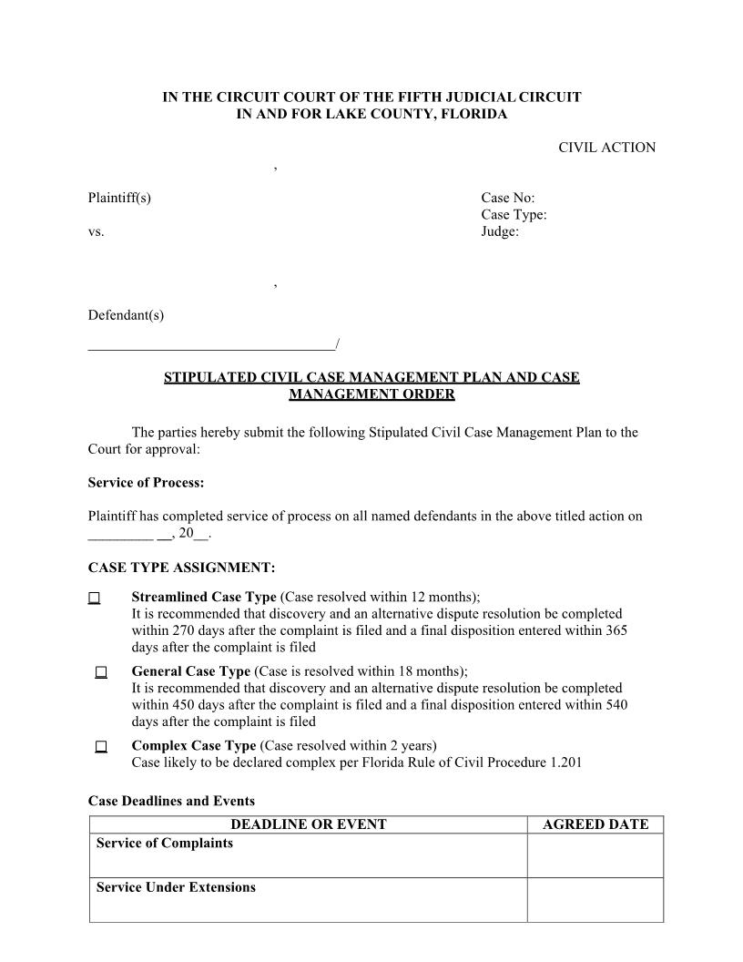 Stipulated Case Management Plan And Case Management Order (Lake) | Pdf Fpdf Docx | Florida